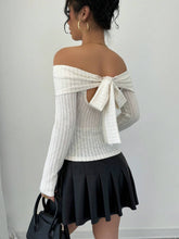Women's Solid Color Ribbed Off-Shoulder Long Sleeve Backless Bow T-Shirt, Spring & Fall